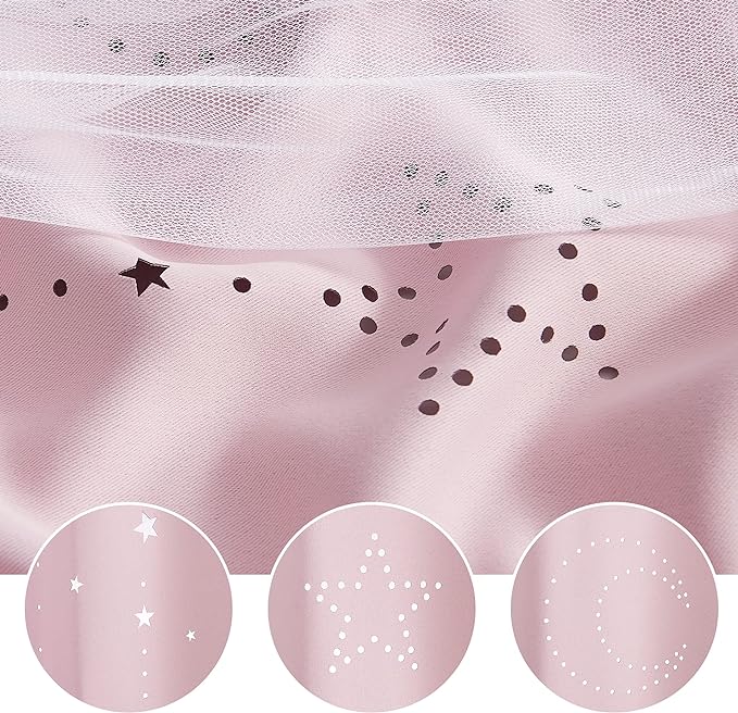 NICETOWN Short Curtains for Nursery Bedroom, Double Layer 63 inches Long Moon Star Cutout Girls Ombre Curtains with Sheer Overly for Living Room Nursery, 2 Panels, 42" Wide, Pink