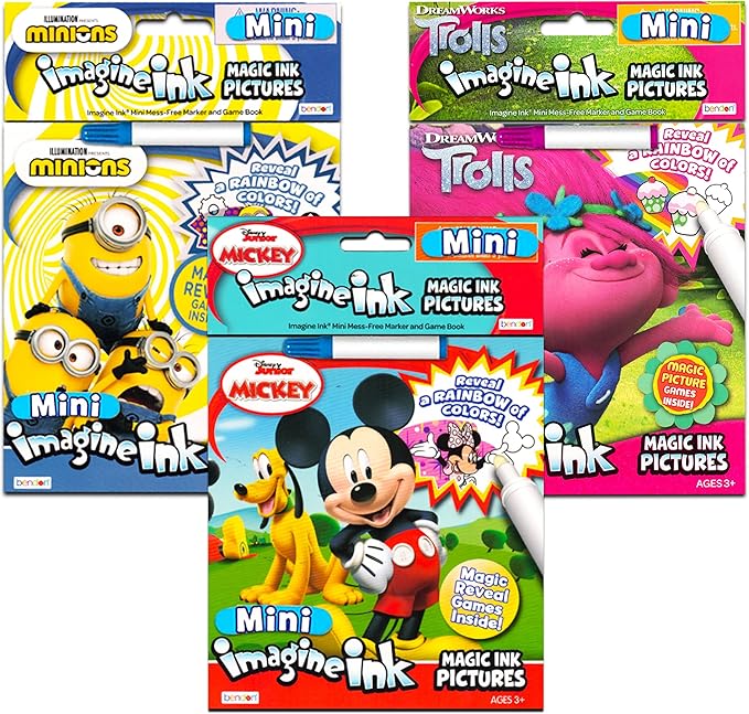 Imagine Ink No Mess Coloring Book Super Set ~ Bundle Includes 3 No Mess Magic Ink Activity Books Featuring Trolls, Minions, and Disney Junior (Imagine Ink Coloring Books).