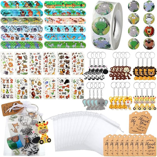 Fumete 121 Pcs Jungle Safari Party Favors Birthday Supplies for Boys Girls Include Jungle Animal Slap Bracelets Keychains Temporary Tattoos Animal Sticker Roll White Organza Bags and Thank You Tag