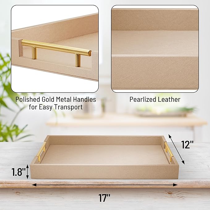 ATZYmolin 17" x 12" Wood Serving Tray with Gold Polished Metal Handles, Home Decorative Wooden Rectangle Ottoman Leather Decor Platter Bathroom Vanity Tray for All Occasions Khaki
