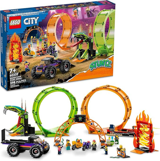 LEGO City Stuntz Double Loop Stunt Arena 60339, Monster Truck Playset with 2 Toy Motorcycles, Ramp, Wall of Flames, Ring of Fire, Snapping Snake Loop and 7 Minifigures, for Kids Ages 7 Plus