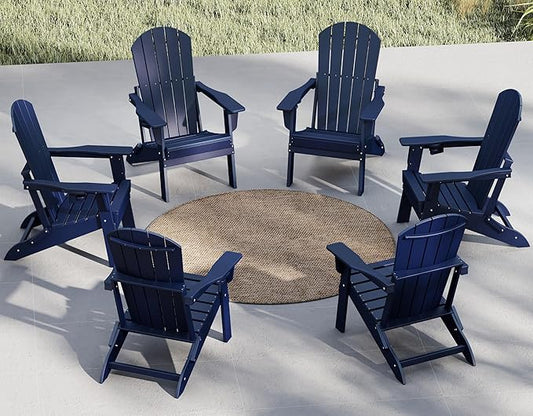 Plawdlik Folding Adirondack Chair Set of 6 with Cup Holder，Wooden Textured ，Heavy All-Weather HDPE Comfortable Set Poolside Backyard Lawn, Navy