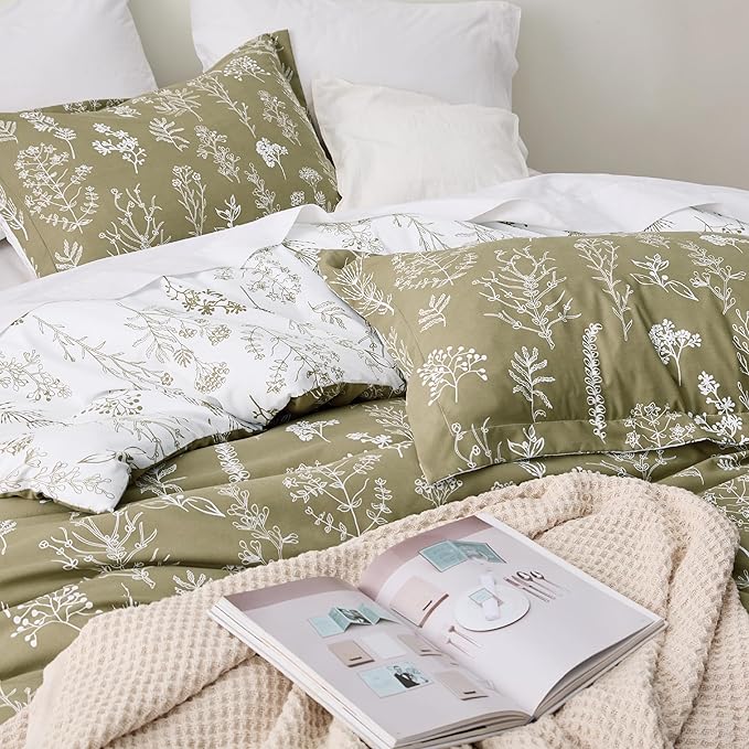 Bedsure Twin/Twin XL Comforter Set - Olive Green Bed Set, 2 Pieces Cute Floral Bedding, 1 Soft Reversible Botanical Flowers Comforter and 1 Pillow Sham