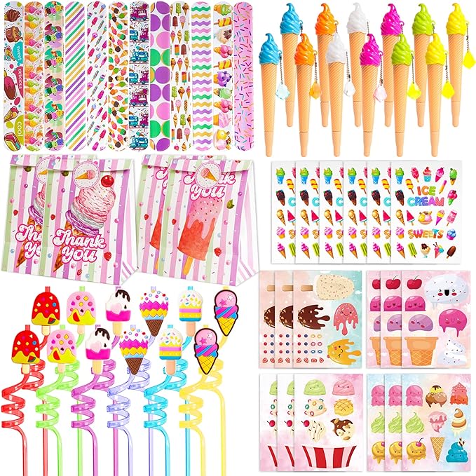 Erweicet Ice Cream Party Favors 72 PCS Ice Cream Slap Bracelets Pen DIY Stickers Straws Tattoo Stickers Gift Bags for Kids Girls Ice Cream Theme Birthday Party Gift Giving Sweet Summer Baby Shower