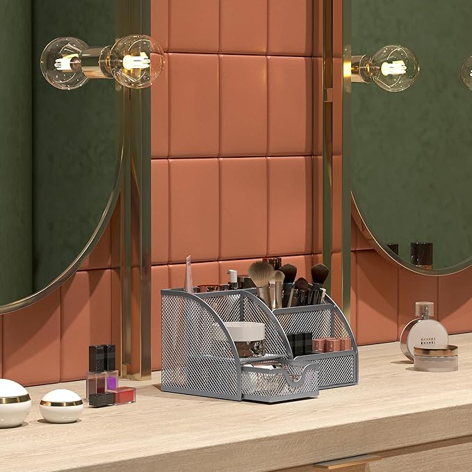 EasyPAG Mesh Desk Organizer with Drawer Multi-functional Pen Holder Stationery Organizer for Office School Supplies 6 Compartments Dorm Organizers and Storage for Desk, Silver