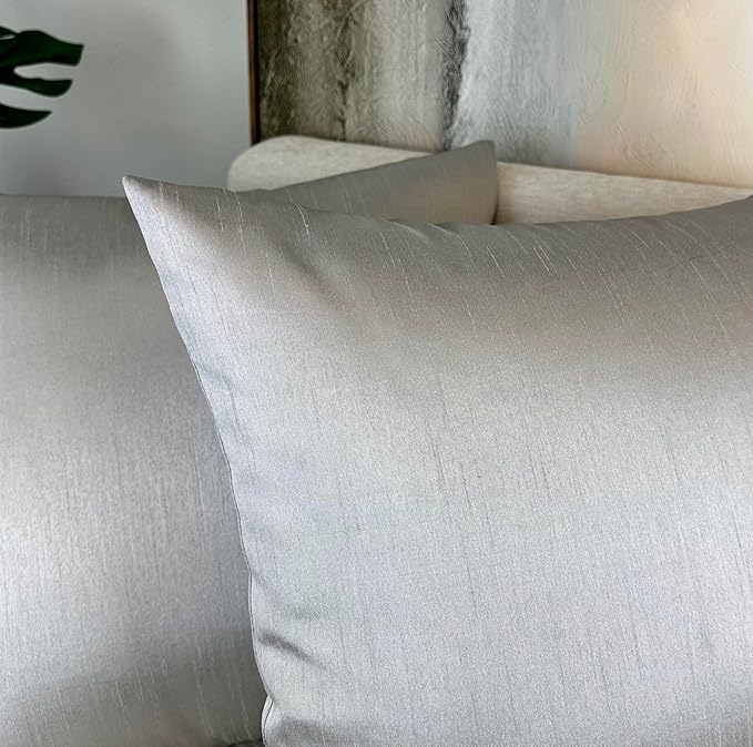 Aiking Home Collection 18x18 Inches Faux Silk Square Throw Pillow Cover, Zipper Closure, Silver (Set of 2)