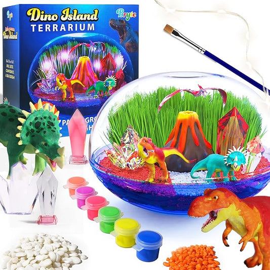 Bryte Light Up Dinosaur Terrarium Kit for Kids - Dino Habitat with Real Plants, Figurines, Volcano & LED Lights, DIY Science Kit, STEM & Arts Crafts Toys, Birthday Gifts for Boys Aged 4-12 yrs
