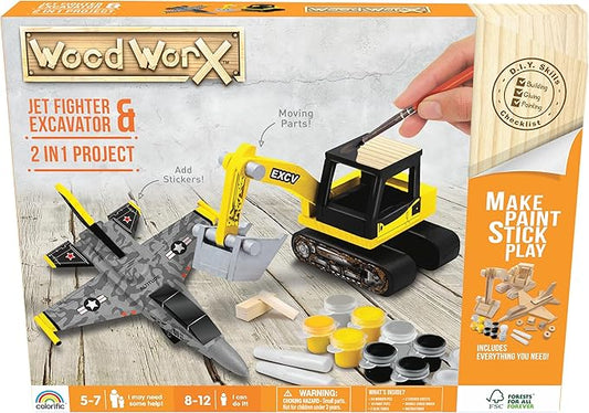 Goliath Wood Worx 2-in-1 Jet Fighter Project & Excavator Project - Make, Paint, Stick, Play - Wood Craft Kit
