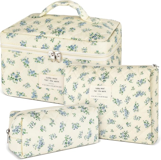 URSKYTOUS 3Pcs Makeup Bag Quilted Cotton Cosmetic Bags for Women Large Small Blue Makeup Pouch Set Cute Coquette Floral Travel Bags Portable Skincare Toiletry Bag Vintage Puffy Essential Organizer