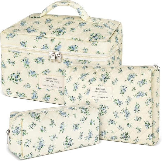 URSKYTOUS 3Pcs Makeup Bag Quilted Cotton Cosmetic Bags for Women Large Small Blue Makeup Pouch Set Cute Coquette Floral Travel Bags Portable Skincare Toiletry Bag Vintage Puffy Essential Organizer