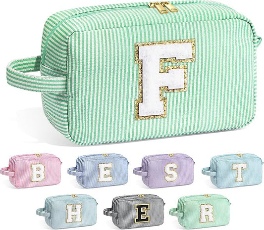 YOOLIFE Gifts for Women Teen Girls Kids - Initial Makeup Bag Cosmetic Case Toiletry Pouch, Birthday Gifts for Women Friends Sister Teacher, Light Green F