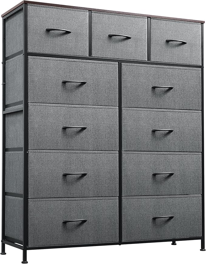 WLIVE Storage Organizer Unit with 11 Fabric Bins, Storage Drawers Organizer with Steel Frame, Tall Storage Tower Organizaton for Living Room, Hallway, Office, Dark Grey