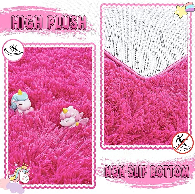 Xexsin Ultra Fluffy Area Rugs for Living Room Bedroom, 6x9 Fuzzy Large Living Room Rugs, Thick Shag Rug for Dorm, Soft Non Slip Kids Girls Boys Rug for Home Decor Aesthetic, Hot Pink