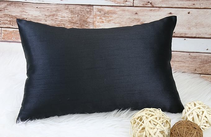 Aiking Home 12x18 Inches Faux Silk Rectangular Throw Pillow Cover, Zipper Closure, Black (Set of 2)