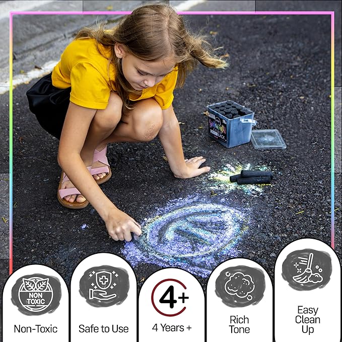 Loddie Doddie Reusable Bucket of Black Sidewalk Chalk - 20 Count Non-Toxic Jumbo Chalk Sticks for Kids, Fun & Easy Cleanup