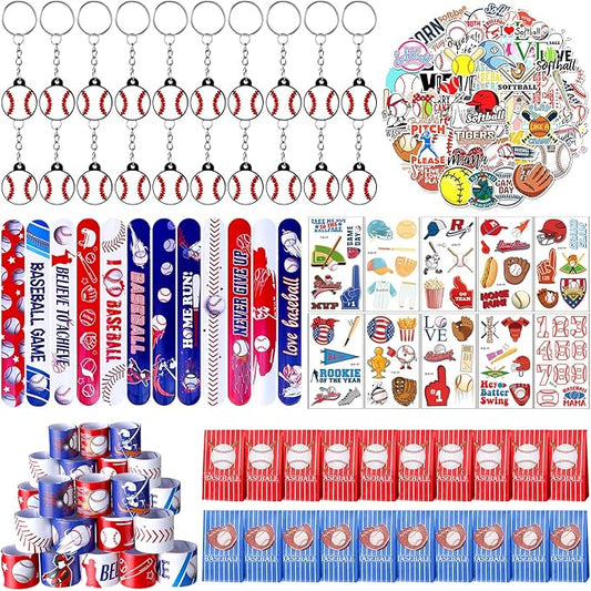 Jenaai 130 Pcs Baseball Party Favors Includes Baseballs Slap Bracelets Party Gift Bags Silicone Keychain Baseball Tattoo Baseball Stickers for Baseball Themed Sports Party Favors for Kids Students