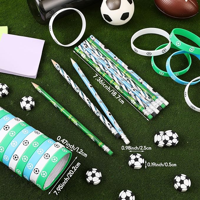 Gueevin 108 Pcs Soccer Party Favors Set 36 Soccer Pencils 36 Soccer Erasers 36 Silicone Bracelets Sport Pencil Wristbands Fun Erasers Bulk for Kids Student Teacher Office Birthday (Green, White, Blue)