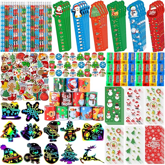 Christmas School Stationery Set with Rulers Pencils Erasers Stickers Treat Bags Party Favors for Kids Students Classroom Gift Exchange School Games Prizes Reward Carnival Holiday Gifts