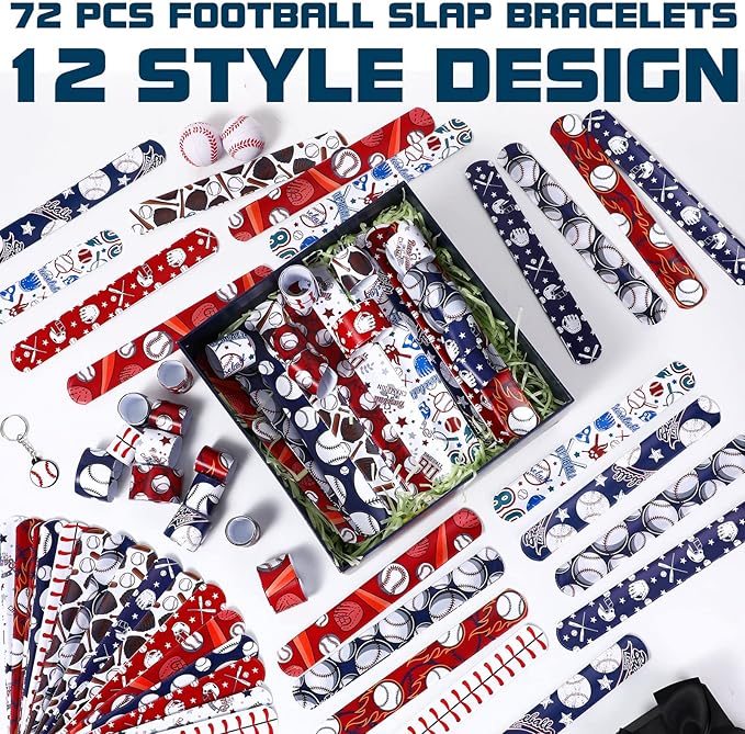 Aoriher 72 Pcs Basketball Slap Bracelets Basketball Wristbands Bracelets Bulk for Basketball Party Favors Sport Themed Bracelet(Baseball)