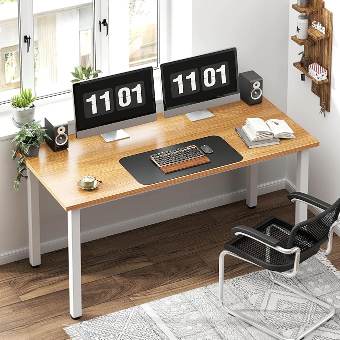 Need 54.3 Inch Large Computer Desk, Modern Simple Style Desk for Home Office, Basic Writing Table for Study Student, Teak White