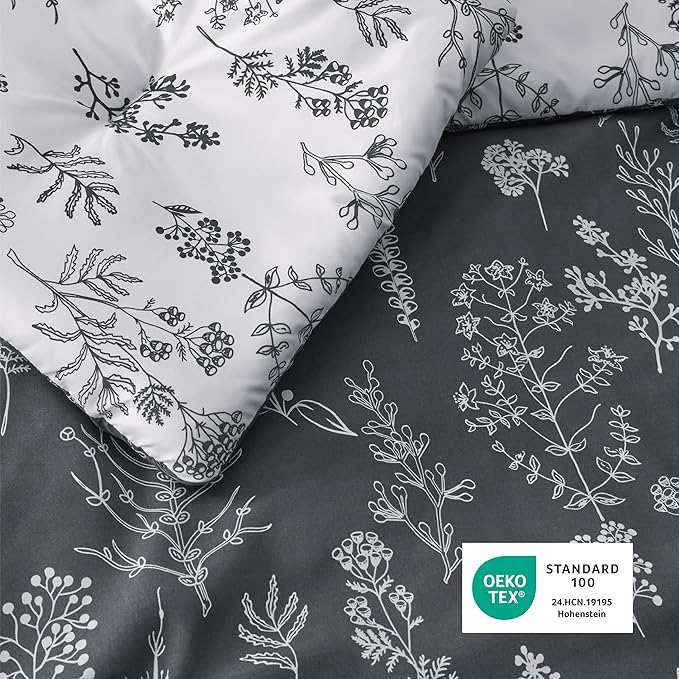 Bedsure California King Comforter Set - Dark Grey Bed Set, 3 Pieces Cute Floral Bedding, 1 Soft Reversible Botanical Flowers Comforter and 2 Pillow Shams