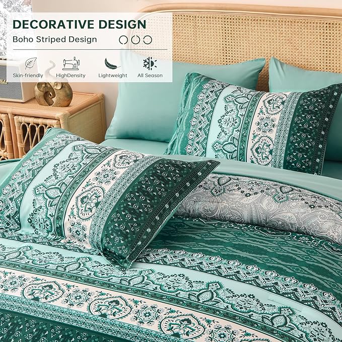 Cottolester Boho Comforter Set King Size,8 Pieces Teal Green Bohemian Striped Bed in a Bag,Paisley Soft Microfiber Bedding Comforter Set