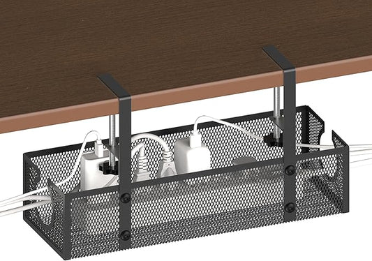 Under Desk Cable Management Tray - No Drill or Screw Mount Option, Heavy Duty Metal Cord Organizer Rack, Power Strip Holder for Office & Home