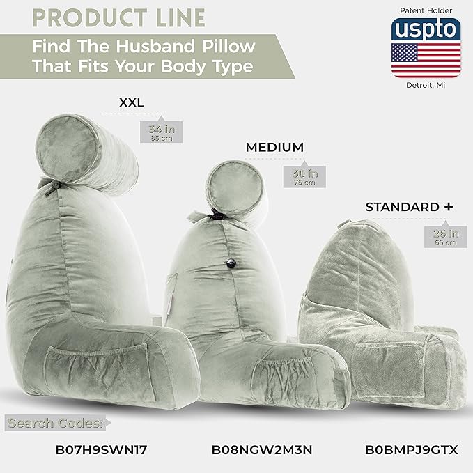 Husband Pillow Desert Sage, Original Reading Pillow in Bed Rest Chair, Shredded Memory Foam Large Lounge Cushion Adult Backrest with Arms, Comfy Back Support for Sit Sitting Up, Wash/Removable Cover