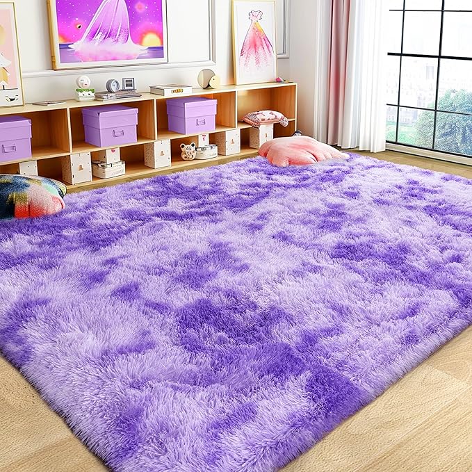 Xexsin Ultra Fluffy Area Rugs for Living Room Bedroom, 6x9 Fuzzy Large Living Room Rugs, Thick Shag Rug for Dorm, Soft Non Slip Kids Girls Boys Rug for Home Decor Aesthetic, Tie-Dyed Purple