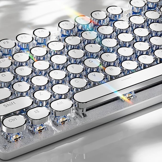 EWEADN TK100 Typewriter Style Wired Mechanical Keyboard, 104 Keys Aesthetic Typewriter Keyboard with White Backlit, Anti-Ghosting, Blue Switch Wired Cute Keyboards-White