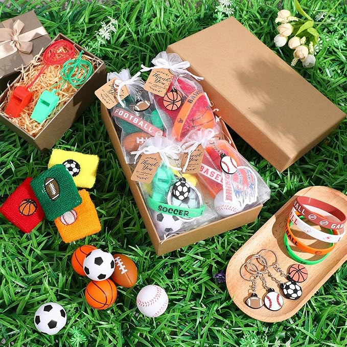 Junkin 162 Pcs Sport Party Favors Sport Party Goodie Bag Fillers Small Sports Balls Sport Wristband Keychains Stickers Bracelet Whistle for Sports Themed Birthday Party Supplies Decoration (Chic)