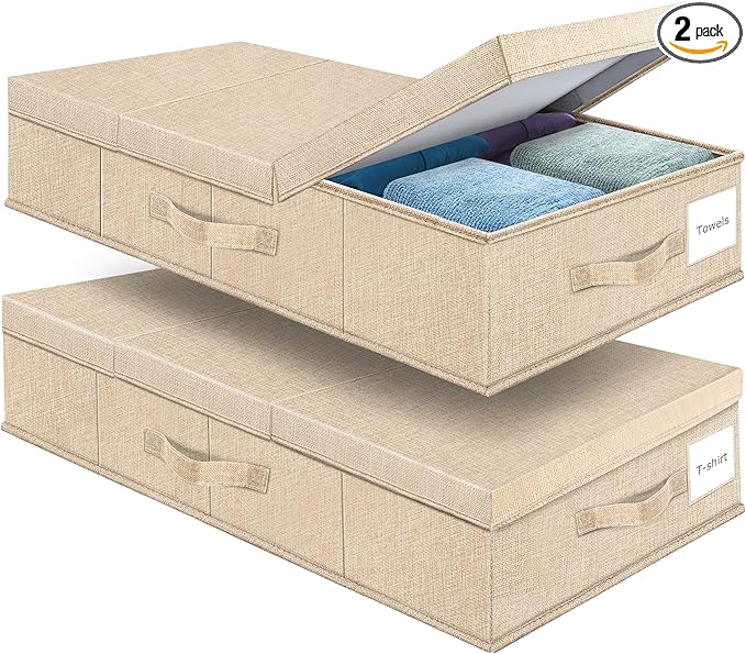 Underbed Storage Containers Bin with Lids (Set of 2) Large Under Bed Storage Organizer Box with Handle, Foldable Under the Storage Bags for Organizing Clothes, Shoes, Blankets, Pillows-Khaki