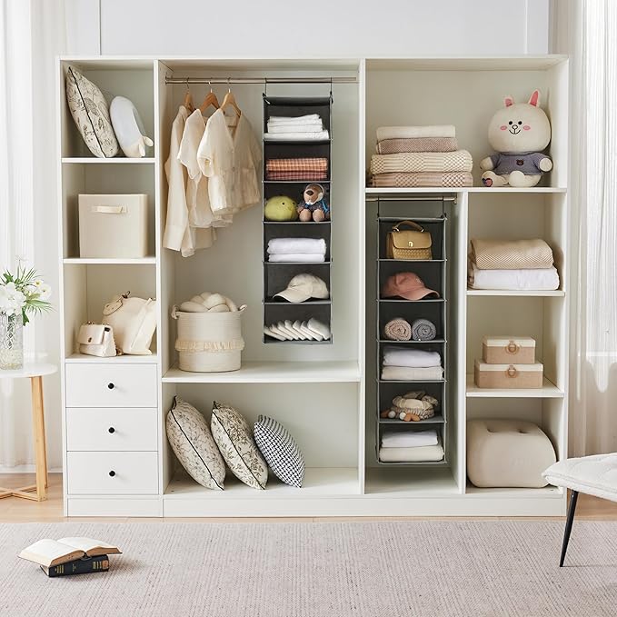 MAX Houser 6 Tier Shelf Hanging Closet Organizer, Closet Hanging Shelf with 2 Sturdy Hooks for Storage,2 Pack, Foldable (Grey)