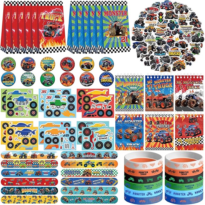 KEFAN Monster Truck Party Favor Supplies including Cartoon Monster Truck Theme Gift Bags, Wristbands, Stickers, Badge, for Monster Truck Theme Boy's Birthday Party Gift