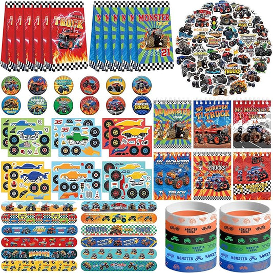 KEFAN Monster Truck Party Favor Supplies including Cartoon Monster Truck Theme Gift Bags, Wristbands, Stickers, Badge, for Monster Truck Theme Boy's Birthday Party Gift