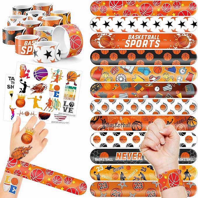 48PCS Basketball Party Favors - 24PCS Tattoos & 24PCS Slap Bracelets - Sport-Themed Birthday Supplies, Decorations, Gifts, Classroom Prizes, Carnival Rewards for Boys & Girls