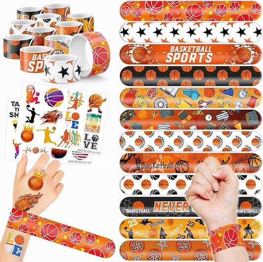 48PCS Basketball Party Favors - 24PCS Tattoos & 24PCS Slap Bracelets - Sport-Themed Birthday Supplies, Decorations, Gifts, Classroom Prizes, Carnival Rewards for Boys & Girls