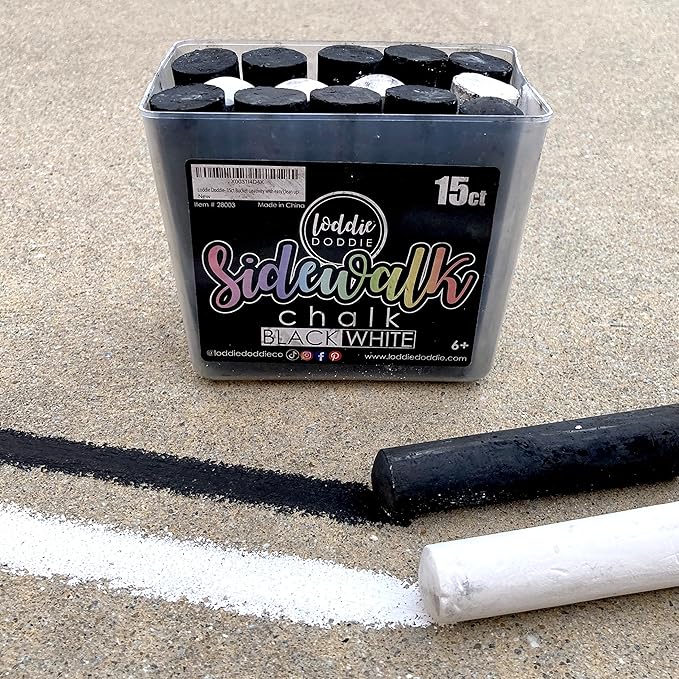 Loddie Doddie 15ct Bucket of Black & White Jumbo Sidewalk Chalk - Non-Toxic Sticks - Reusable Bucket for Fun & Creativity with Easy Cleanup