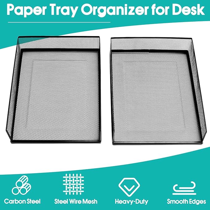 Wire Mesh Letter Trays Paper Tray Desk File Organizer, 2 Pack Stackable Metal Front-Load Documents Tray for Office Supplies File (Lengthways)