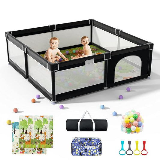 LUTIKIANG Extra Large 79" x 71" Baby Playpen with Mat, Baby Gate Play Yard, Portable Toddler Playpen, Large Play Pen for Babies, Mat Included, Play Area for Babies and Toddlers (Black)