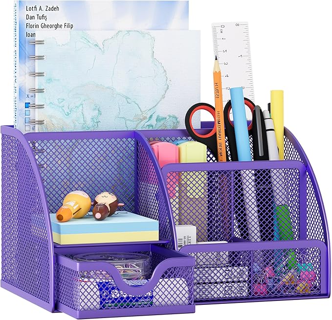 EasyPAG Mesh Desk Organizer with Drawer Multi-functional Pen Holder Stationery Organizer for Office School Supplies 6 Compartments Dorm Organizers and Storage for Desk, Purple