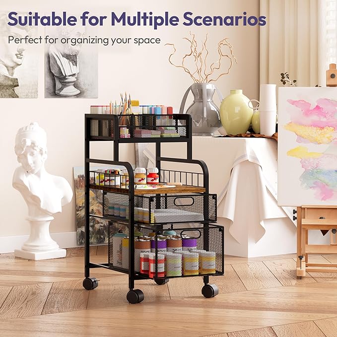 SWTYMIKI Rolling Cart with Drawers - Metal Utility Cart with Wood Shelf, DIY Divider and Locking Wheels, Craft & Art Cart Organizer for Under Desk Storage for Home Office Studio, Espresso
