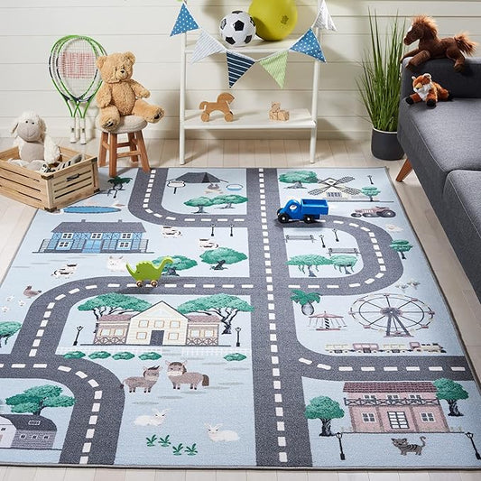 SAFAVIEH Kids Playhouse Collection Accent Rug - 4'4" x 6', Blue & Dark Grey, Non-Shedding Machine Washable & Slip Resistant Ideal for High Traffic Areas for Boys & Girls in Playroom (KPH235M)