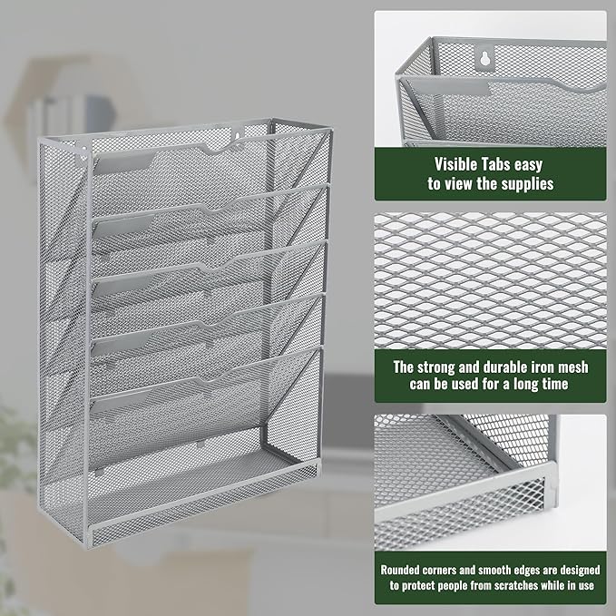 EASEPRES 6 Tier Mesh Hanging Wall File Organizer, Desk Vertical Mail Paper Document Folder Holder Rack with Bottom Tray and Nametag Label for Office Home School, Gray