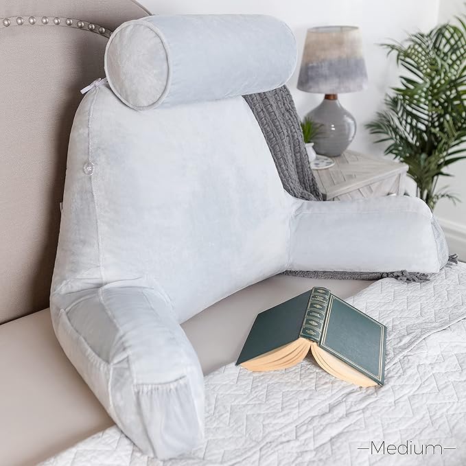 Husband Pillow Medium Light Grey, Backrest for Kids, Teens, Petite Adults - Reading Pillows with Arms, Adjustable Loft, Plush Memory Foam, Bed Rest Chair Sitting Up, Detach Neck Roll, Removable Cover