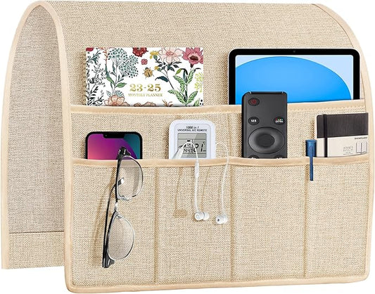 Joywell Sofa Armrest Organizer Couch Armchair Caddy Remote Control Holder for Recliner Non Slip Arm Chair Caddie with 6 Pocket Storage for Magazine, Tablet, Phone, iPad, Champagne