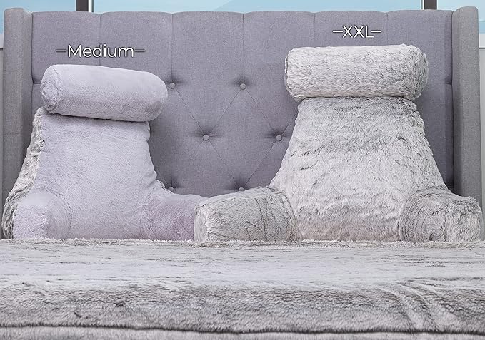 Husband Pillow Medium Rare Baby Arctic Grey Wolf Backrest, 2-Tone Reversible Double Sided Fabulous Faux Fur Reading & Bed Rest Pillow with Arms & Neck Roll, Adjustable Memory Foam - Extremely Comfy