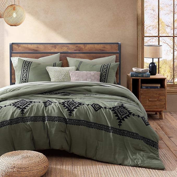 MaiRêve Embroidery Comforter Set, Boho Farmhouse Western Bedding Set, All Season Bed in A Bag Comforter Set with Sheets, Pillowcases & Shams, Olive Green Oversized Queen 7 Pieces