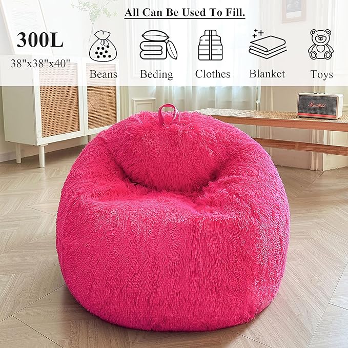 XeGe Fluffy Stuffed Animal Storage Bean Bag Chair Cover(No Filler), Faux Fur Washable Soft Bean Bag Cover for Plush Toys or Textile, Plush Shaggy Large Bean Bag for Adults Kids Teens, Hot Pink