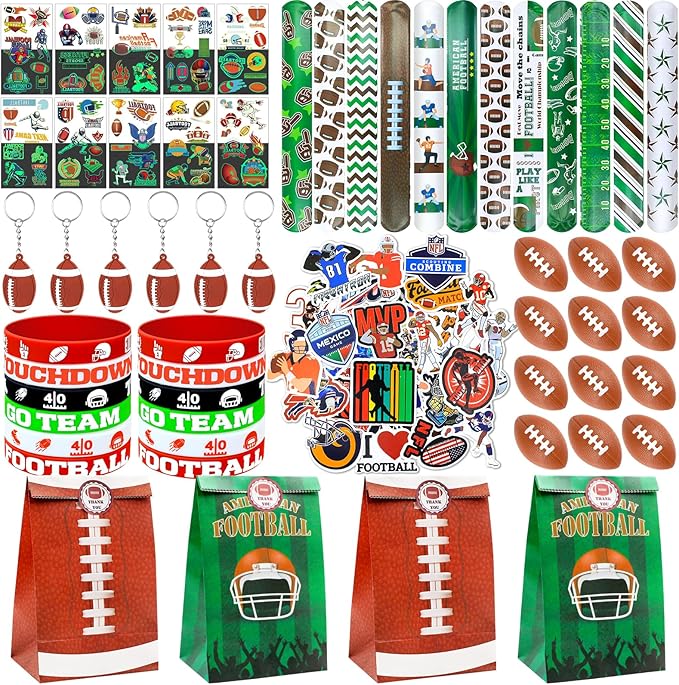 122Pcs Football Party Favors Football Goodie Bags Stuffers with Stress Ball Keychain Tattoo Sticker Silicone Bracelet for Football Birthday Party Supplies